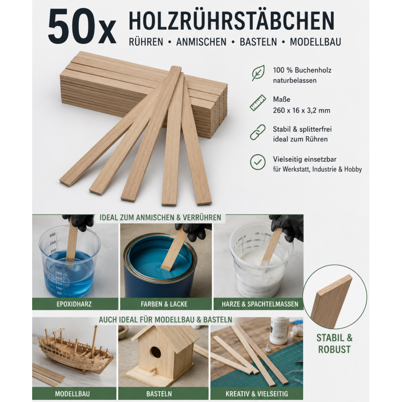 Rührstäbchen 260 x 16 x 3,2mm, 50 Stück