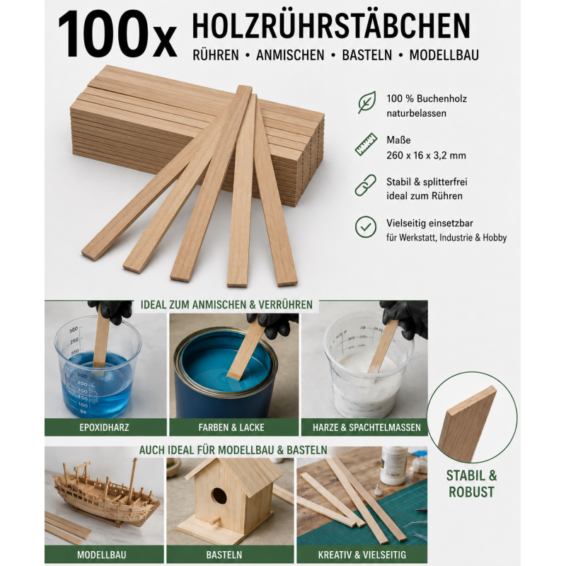 Rührstäbchen 260 x 16 x 3,2mm, 100 Stück